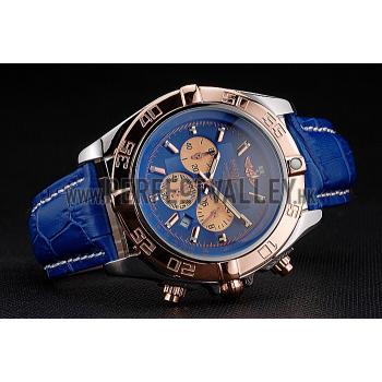 Breitling Chronomat Blue Dial Rose Gold Bezel And Subdials Stainless Steel Case Blue Leather Strap