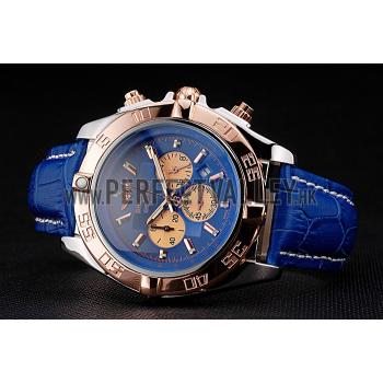 Breitling Chronomat Blue Dial Rose Gold Bezel And Subdials Stainless Steel Case Blue Leather Strap