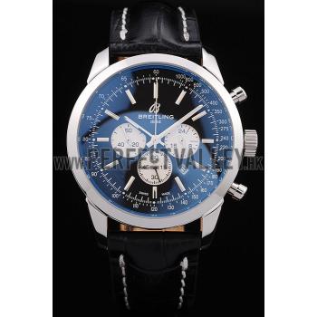 Breitling Transocean Black Dial Black Leather Strap  Polished Stainless Steel Bezel