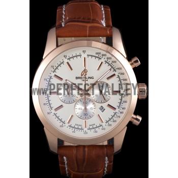 Breitling Transocean White Dial Brown Leather Strap Rose Gold Bezel