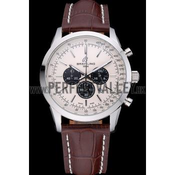 Breitling Transocean Chronograph White Dial Stainless Steel Case Brown Leather Bracelet 622243