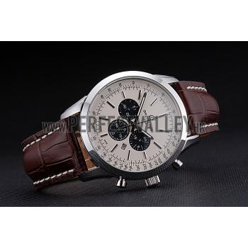 Breitling Transocean Chronograph White Dial Stainless Steel Case Brown Leather Bracelet 622243