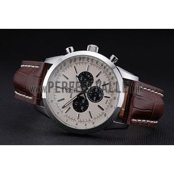 Breitling Transocean Chronograph White Dial Stainless Steel Case Brown Leather Bracelet 622243