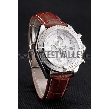 Breitling Chronomat 13 Stainless Steel Case White Dial Arabic Numerals Brown Leather Bracelet 622238