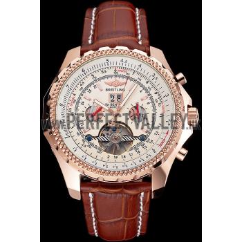 Cheap Breitling For Bentley Mulliner Tourbillon White Dial Rose Gold Case Brown Leather Strap