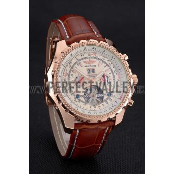 Cheap Breitling For Bentley Mulliner Tourbillon White Dial Rose Gold Case Brown Leather Strap