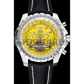 Breitling Bentley Mulliner Tourbillon Yellow Dial Stainless Steel Case Black Leather Strap  622730