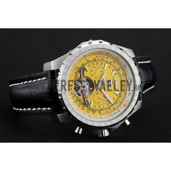 Breitling Bentley Mulliner Tourbillon Yellow Dial Stainless Steel Case Black Leather Strap  622730