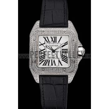 Swiss Cartier Santos Dumont Diamond Case White Dial Roman Numerals Black Leather Bracelet    622652