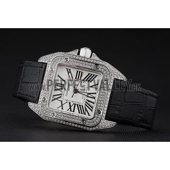 Swiss Cartier Santos Dumont Diamond Case White Dial Roman Numerals Black Leather Bracelet    622652