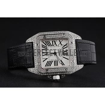 Swiss Cartier Santos Dumont Diamond Case White Dial Roman Numerals Black Leather Bracelet    622652