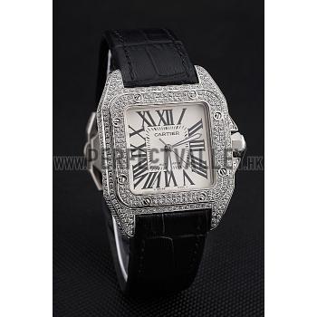 Swiss Cartier Santos Dumont Diamond Case White Dial Roman Numerals Black Leather Bracelet    622652