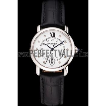 Cartier Ronde White Dial Diamond Hour Marks Stainless Steel Case Black Leather Strap