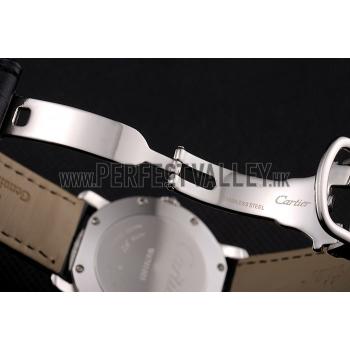 Cartier Ronde White Dial Diamond Hour Marks Stainless Steel Case Black Leather Strap