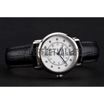 Cartier Ronde White Dial Diamond Hour Marks Stainless Steel Case Black Leather Strap