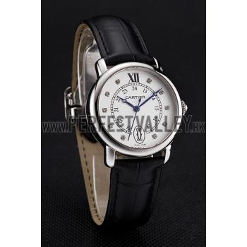 Cartier Ronde White Dial Diamond Hour Marks Stainless Steel Case Black Leather Strap