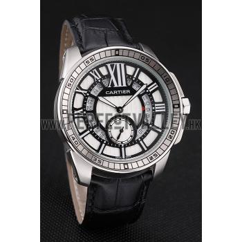 Cartier Calibre De Cartier Small Seconds Black And White Dial Stainless Steel Case Black Leather Strap