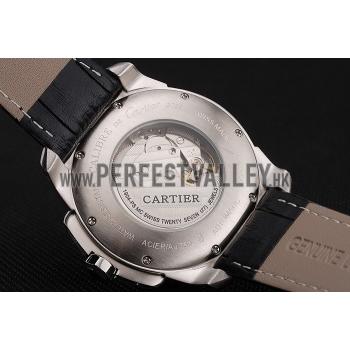 Cartier Calibre De Cartier Small Seconds Black And White Dial Stainless Steel Case Black Leather Strap