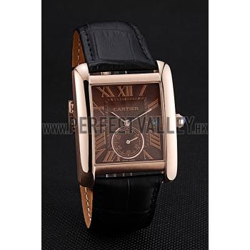 Cartier Tank MC Brown Dial Gold Case Black Leather Strap  622581