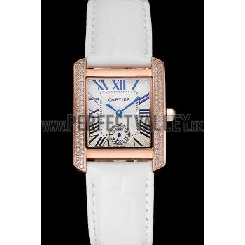 Cartier Tank MC Gold Diamond Case White Dial White Leather Strap  622169