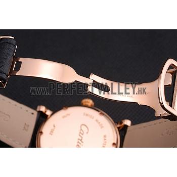 Cartier Rotonde White Dial Gold Case With Jewels Black Leather Strap  622760