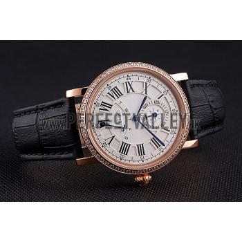 Cartier Rotonde White Dial Gold Case With Jewels Black Leather Strap  622760