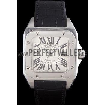 Swiss Cartier Santos Stainless Steel Bezel with Black Leather Strap  621524