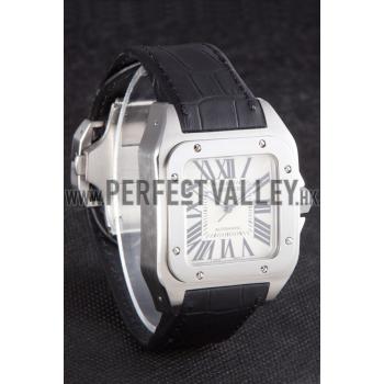 Swiss Cartier Santos Stainless Steel Bezel with Black Leather Strap  621524