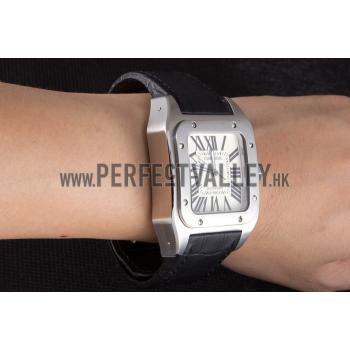 Swiss Cartier Santos Stainless Steel Bezel with Black Leather Strap  621524