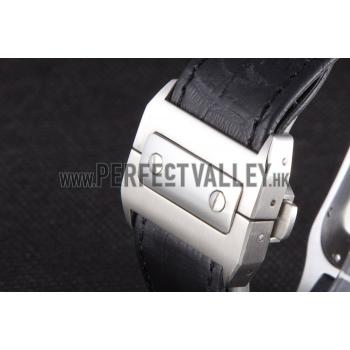 Swiss Cartier Santos Stainless Steel Bezel with Black Leather Strap  621524