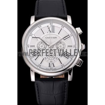 Cartier Rotonde Chronograph White Dial Stainless Steel Case Black Leather Strap