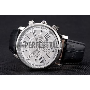 Cartier Rotonde Chronograph White Dial Stainless Steel Case Black Leather Strap