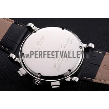 Cartier Rotonde Chronograph White Dial Stainless Steel Case Black Leather Strap