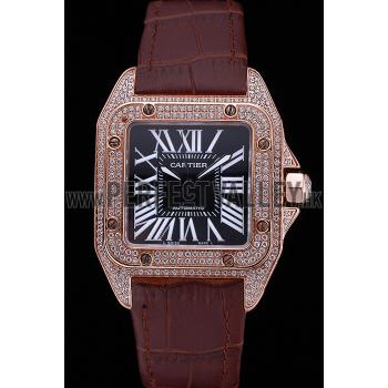 Swiss Cartier Santos Black Dial Diamonds Case Brown Leather Bracelet  622550