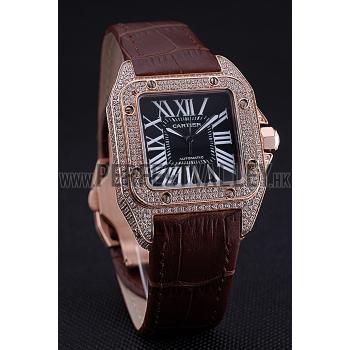 Swiss Cartier Santos Black Dial Diamonds Case Brown Leather Bracelet  622550