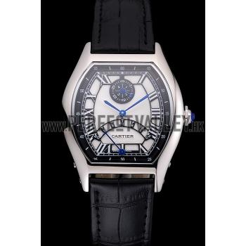 Cartier Tortue Perpetual Calendar White Dial Stainless Steel Case Black Leather Strap Replica