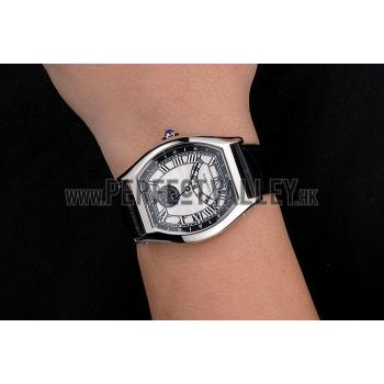 Cartier Tortue Perpetual Calendar White Dial Stainless Steel Case Black Leather Strap Replica