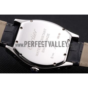 Cartier Tortue Perpetual Calendar White Dial Stainless Steel Case Black Leather Strap Replica