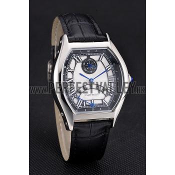 Cartier Tortue Perpetual Calendar White Dial Stainless Steel Case Black Leather Strap Replica