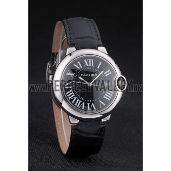 Cartier Ballon Bleu 38mm Black Dial Stainless Steel Case Black Leather Bracelet