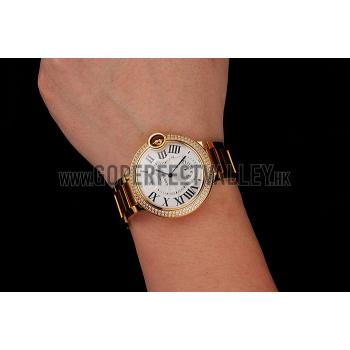 Swiss Cartier Ballon Bleu Two Timezone White Dial Diamond Case Gold Bracelet 1453872