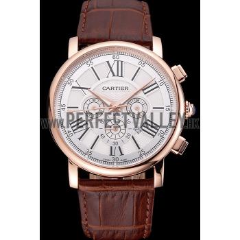 Cheap Cartier Rotonde Chronograph White Dial Rose Gold Case Brown Leather Strap