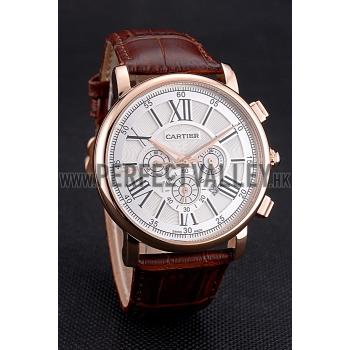 Cheap Cartier Rotonde Chronograph White Dial Rose Gold Case Brown Leather Strap