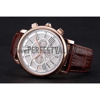 Cheap Cartier Rotonde Chronograph White Dial Rose Gold Case Brown Leather Strap