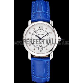 Cheap Cartier Ronde White Dial Diamond Hour Marks Stainless Steel Case Blue Leather Strap