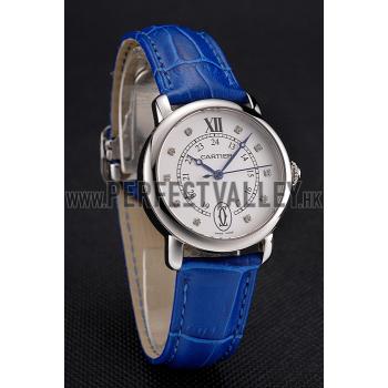 Cheap Cartier Ronde White Dial Diamond Hour Marks Stainless Steel Case Blue Leather Strap