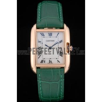 Replica Cartier Tank Anglaise 30mm White Dial Gold Case Green Leather Bracelet