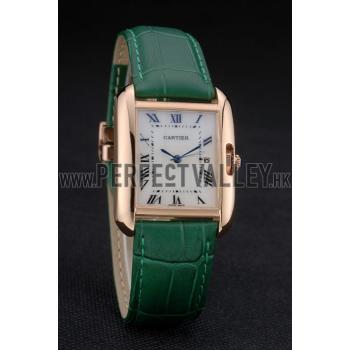 Replica Cartier Tank Anglaise 30mm White Dial Gold Case Green Leather Bracelet