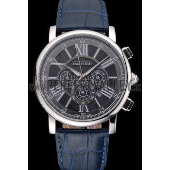 Replica Cartier Rotonde Chronograph Black Dial Stainless Steel Case Blue Leather Strap