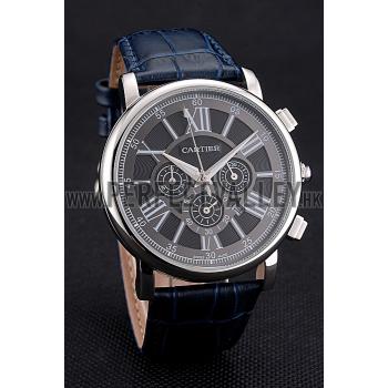 Replica Cartier Rotonde Chronograph Black Dial Stainless Steel Case Blue Leather Strap